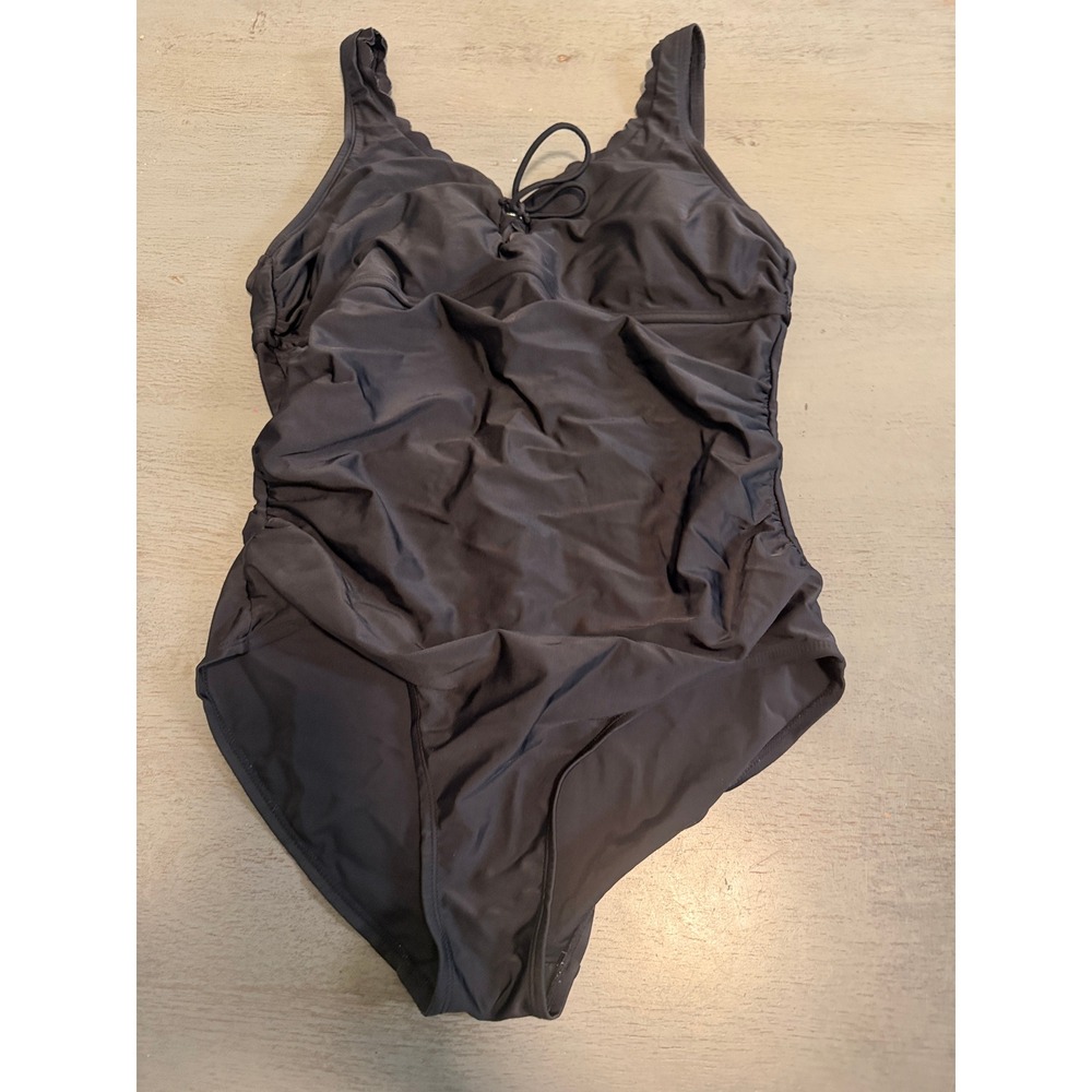 Merona Black Scalloped One Piece Swimsuit Ruched Cutout Back XL